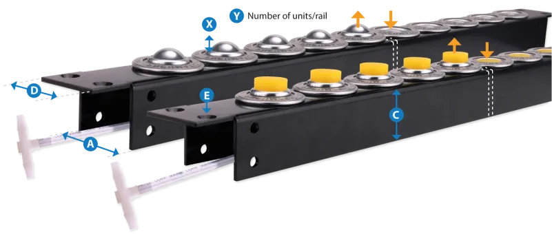 Billes / butées pneumatiques (rails) PB25 Schéma PS25